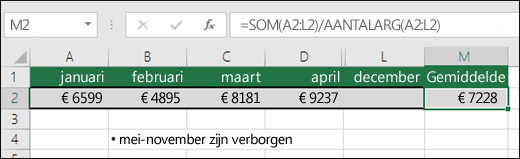 SOM gebruiken met andere functies.  Formule in cel M2 is =SOM(A2:L2)/AANTALARG(A2:L2).  Opmerking: de kolommen voor mei tot en met november zijn voor de duidelijkheid verborgen.