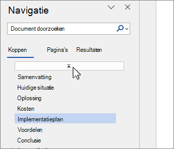 Navigatiedeelvenster van Word boven aan documentselectie