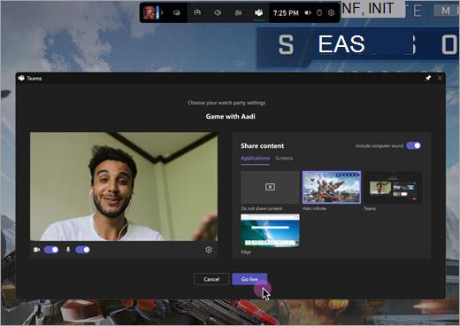 De widget Teams-game ga live om een gesprek te starten.
