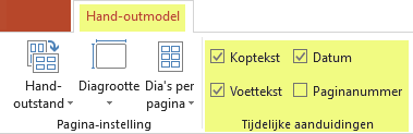 Schakel een selectievakje, zoals Koptekst, uit om de functie uit uw hand-outs te verwijderen.