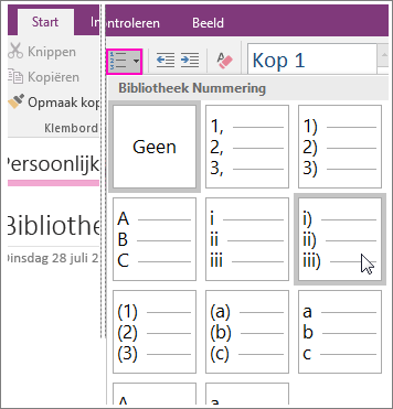 Schermafbeelding van het toevoegen van nummering aan een pagina in OneNote 2016.