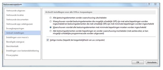 Gebied ActiveX-instellingen van het Vertrouwenscentrum