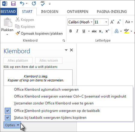 Acties die u in het taakvenster Klembord van Office kunt uitvoeren