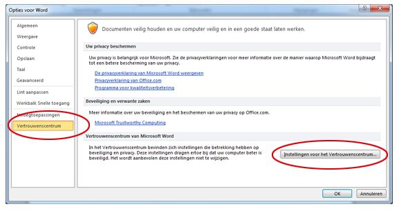 Opties voor Word met de instellingen voor het Vertrouwenscentrum