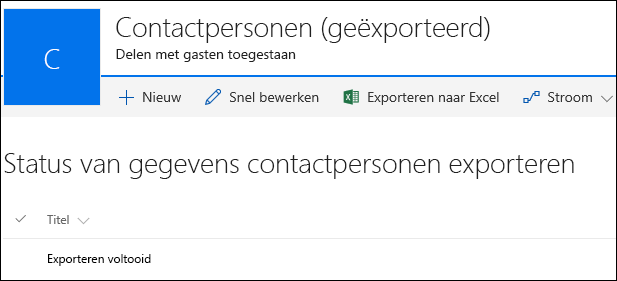 SharePoint-lijst met record met de titel Exporteren voltooid