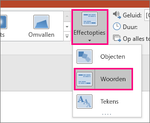 Het menu Effectopties voor de overgang Morphing waarbij Woorden is geselecteerd.