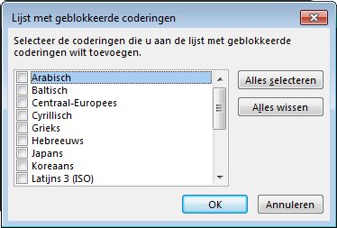 Dialoogvenster Lijst met geblokkeerde coderingen
