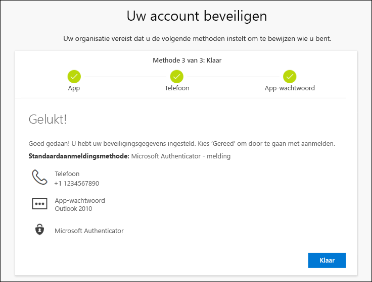 Pagina met app-wachtwoord, met voltooiingsmelding