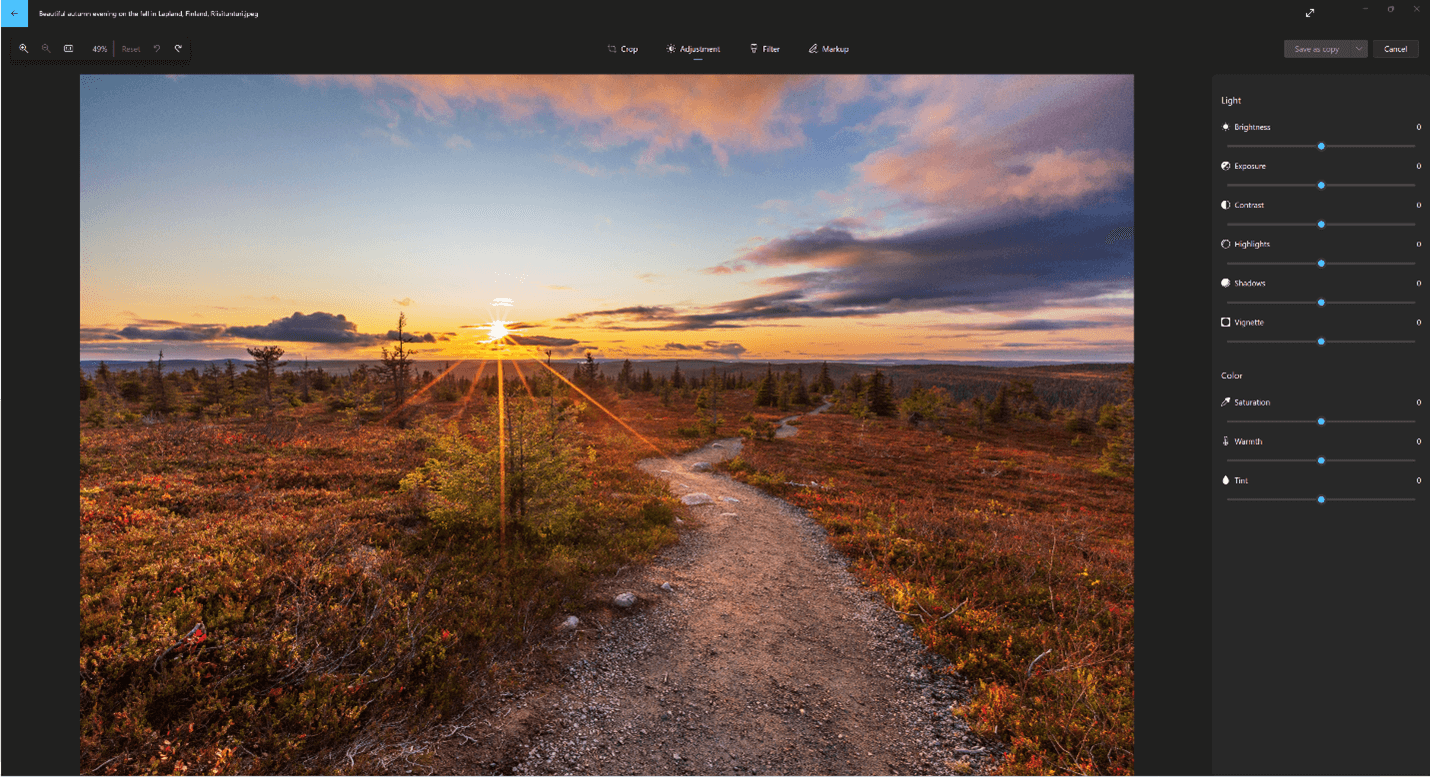 Toont de opties voor licht en kleuren voor het bewerken van foto's in Windows 11.