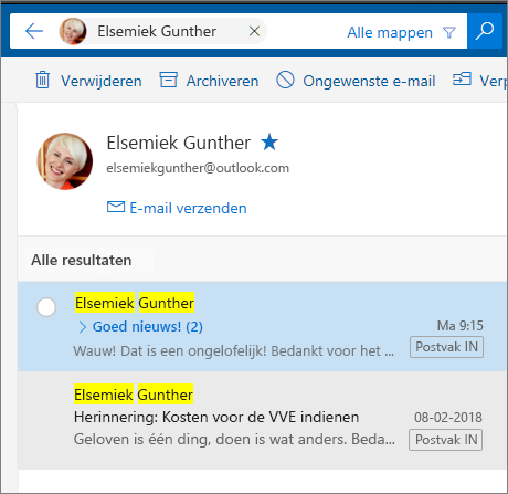 Een persoon zoeken waarvan u alle e-mailberichten wilt bekijken