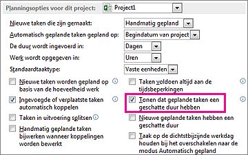 Het tabblad Planning van het dialoogvenster Opties met planningsopties voor dit project