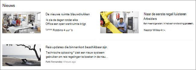 Screencap van het webonderdeel Nieuws van een SharePoint site, waar berichten zijn gefilterd