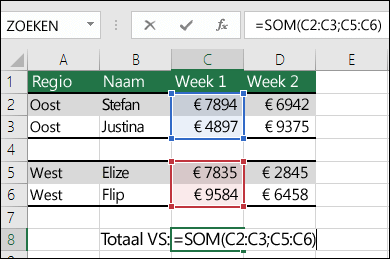 SOM gebruiken met niet-aaneengesloten bereiken.  De formule van cel C8 is =SOM(C2:C3;C5:C6). U kunt ook Benoemde bereiken gebruiken, zodat de formule =SOM(Week1,Week2) is.