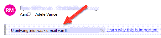 Een veiligheidslabel op een e-mailbericht dat aangeeft dat u niet vaak e-mail van die afzender ontvangt.