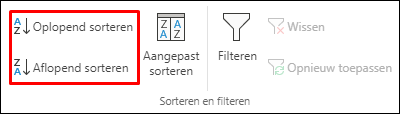 Knoppen voor oplopend of aflopend sorteren op het tabblad gegevens