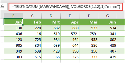 Een combinatie van de functies TEKST, DATUM, JAAR, VANDAAG en REEKS gebruiken om een dynamische lijst van 12 maanden te maken