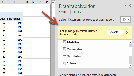 De melding dat er waarschijnlijk een relatie moet worden toegevoegd