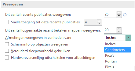 Geavanceerde weergave-instellingen waarmee u de maateenheden kunt wijzigen.