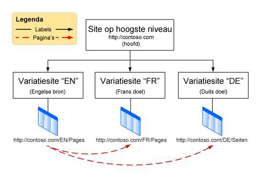 Hiërarchiediagram met een hoofdsite op het hoogste niveau met drie variaties eronder. De variaties zijn Engels, Frans en Duits