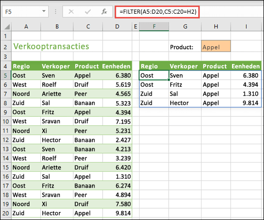 De functie FILTER - Filter regio per Product (Apple)