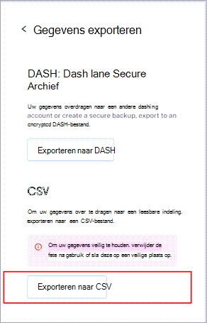 Het menu Gegevens exporteren van Dashlane, met de knop Exporteren naar CSV onderaan gemarkeerd.