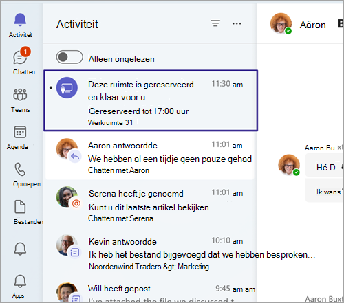 Schermopname van een reserveringsmelding op het tabblad Activiteit in Teams.