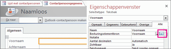 De knop Opbouwen in het eigenschappenvenster.