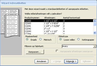 Eerste pagina van wizard Adresetiketten