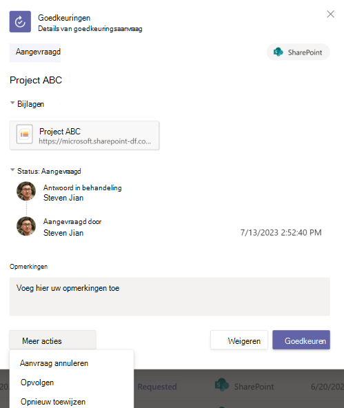 Schermopname van de details van de goedkeuringsaanvraag in de app.