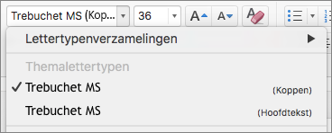 Schermafbeelding van de opties voor themalettertypen voor koppen en hoofdtekst, die beschikbaar zijn via het vervolgkeuzemenu Lettertype in de groep Lettertype op het tabblad Start.