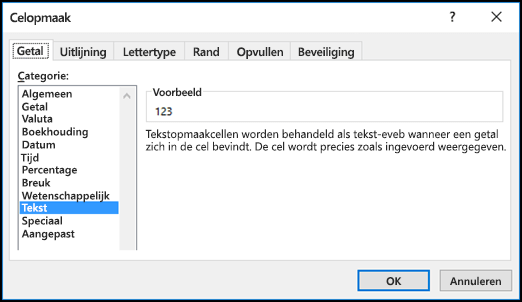 Het dialoogvenster Celeigenschappen met het tabblad Getal geopend en de optie Tekst geselecteerd