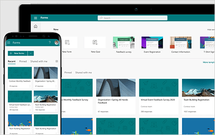 Conceptuele weergave van Microsoft Forms op een mobiel apparaat en een laptop