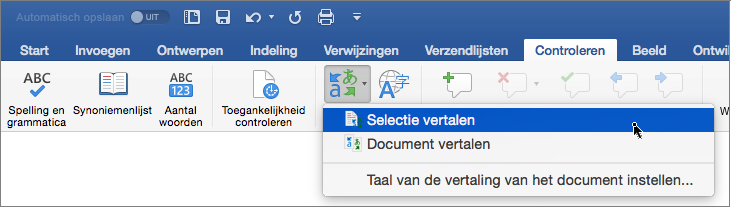 Tabblad Controleren met Selectie vertalen gemarkeerd