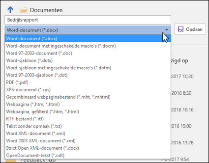 Klik op de vervolgkeuzelijst voor het bestandstype om een andere bestandsindeling voor het document te kiezen