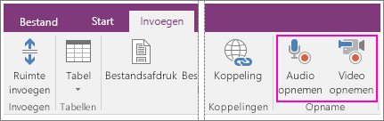 Schermafbeelding van het menu Invoegen met de AV-knoppen in OneNote 2016.