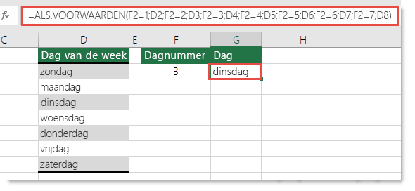 Functie IFS : voorbeeld van dagen van de week: formule in cel G2 is  =ALS.ALS(F2=1,D2;F2=2,D3,F2=3,D4,F2=4,D5,F2=5,D6,F2=6,D7,F2=7,D8)