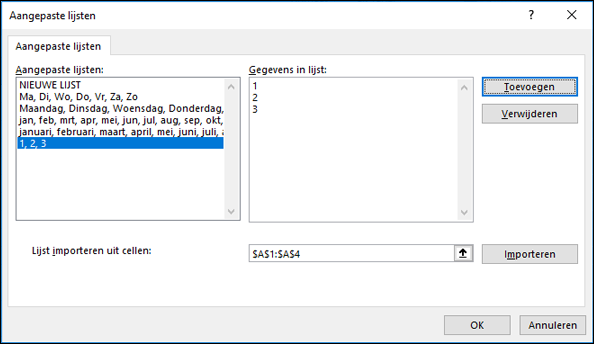 Aangepaste lijstitems handmatig toevoegen door deze te typen in het dialoogvenster Aangepaste lijst bewerken en op Toevoegen te klikken