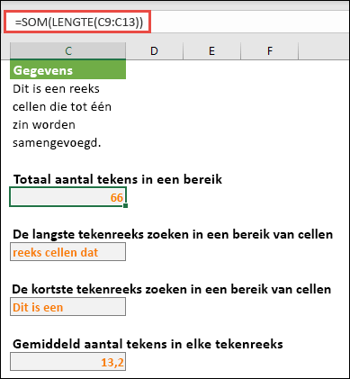 Het totale aantal tekens in een bereik en andere matrices tellen voor het werken met teksttekenreeksen