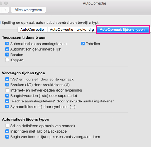 AutoOpmaak tijdens typen is gemarkeerd in Voorkeuren