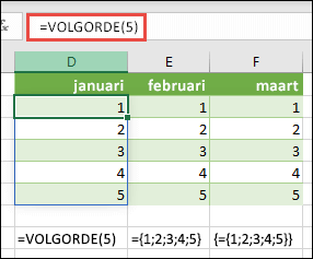 Een horizontale matrixconstante maken met =REEKS(5) of ={1;2;3;4;5}