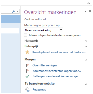 In Overzicht van markeringen ziet u de taken in een oogopslag.