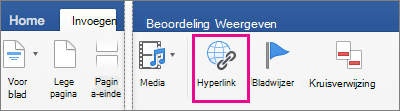 Op het tabblad Invoegen is Hyperlink gemarkeerd