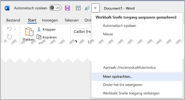 Werkbalk Snelle toegang aanpassen met Meer opdrachten gemarkeerd
