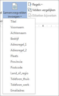 Menu Samenvoegveld invoegen van beschikbare velden