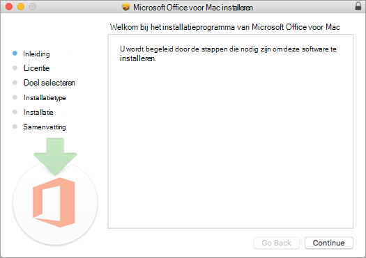 Eerste scherm van Mac 2016-installatie waarbij 'Doorgaan' is gemarkeerd