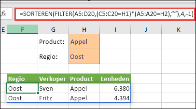 FILTER gebruiken met de functie SORTEREN om alle waarden in het matrixbereik (A5:D20) te retourneren die zowel Apples zijn en zich bevinden in de oostelijke regio.