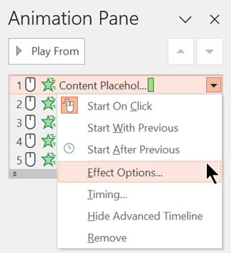 Met de opdracht Effectopties kunt u opties instellen voor het geselecteerde animatie-effect.