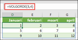 Een matrixconstante van 3 bij 4 kolommen maken met =REEKS(3,4)