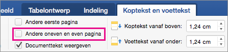 Even en oneven pagina's verschillend is gemarkeerd op het tabblad Kop- en Voetteksten