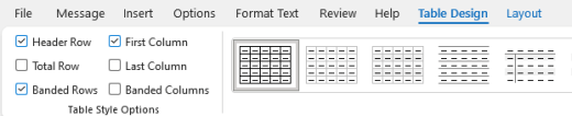 De optie Tabelkoppen is geselecteerd op het lint in Outlook.